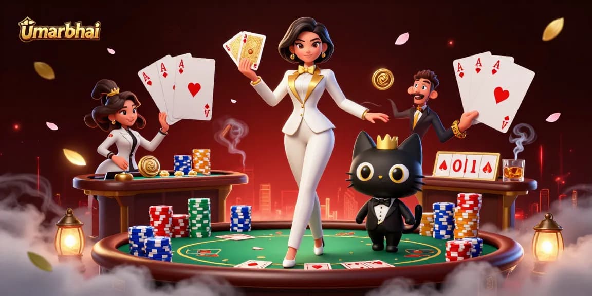 Play poker with umarbhai in a vibrant casino scene featuring glamorous card players and colorful chips.
