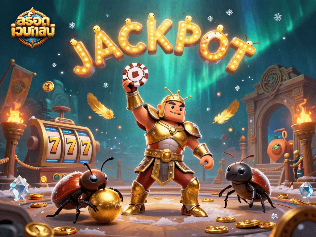Experience the thrilling excitement of สล็อตเว็บตรง with a victorious beetle lifting a poker chip amidst a colorful casino scene.