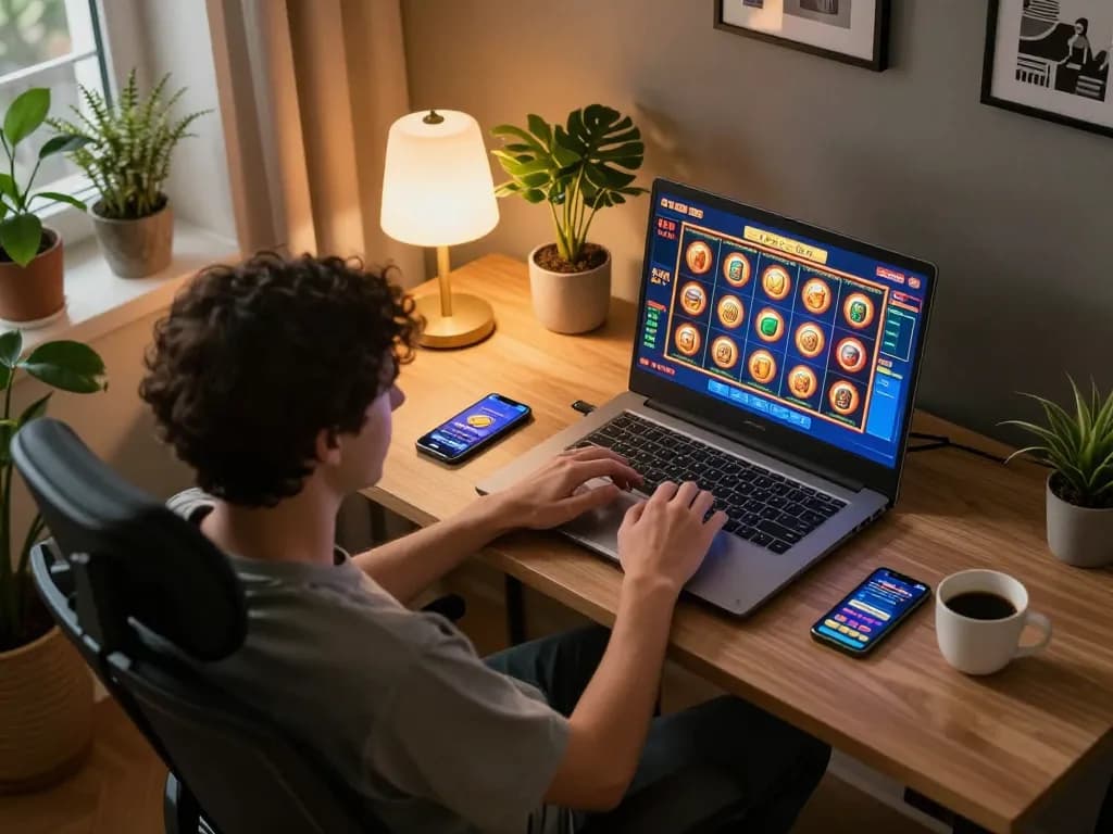 Engaged player spinning the reels in an exciting Rikvip online slot game from a cozy home office setup.