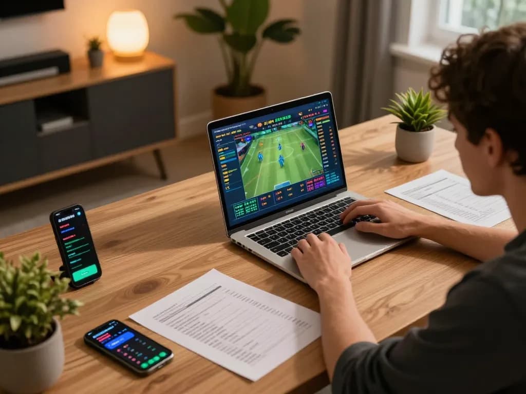 Player analyzing sports betting odds online at smartcityhostels setup, showcasing strategy.