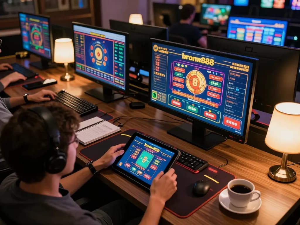bromo888 gamer using tablet for online casino gameplay in a cozy home office setting.