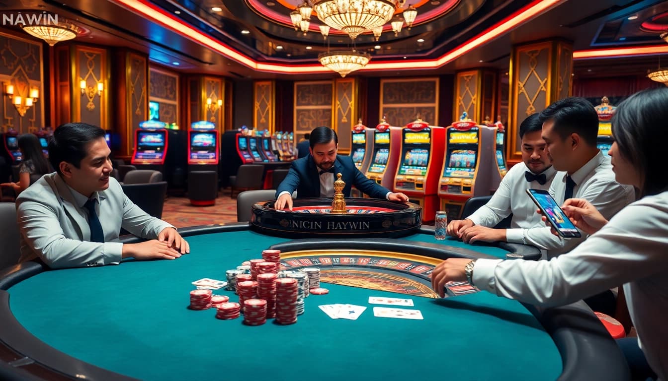 Engage in the thrilling atmosphere of NHÀ CÁI HAYWIN with professional poker players at a luxurious casino table.