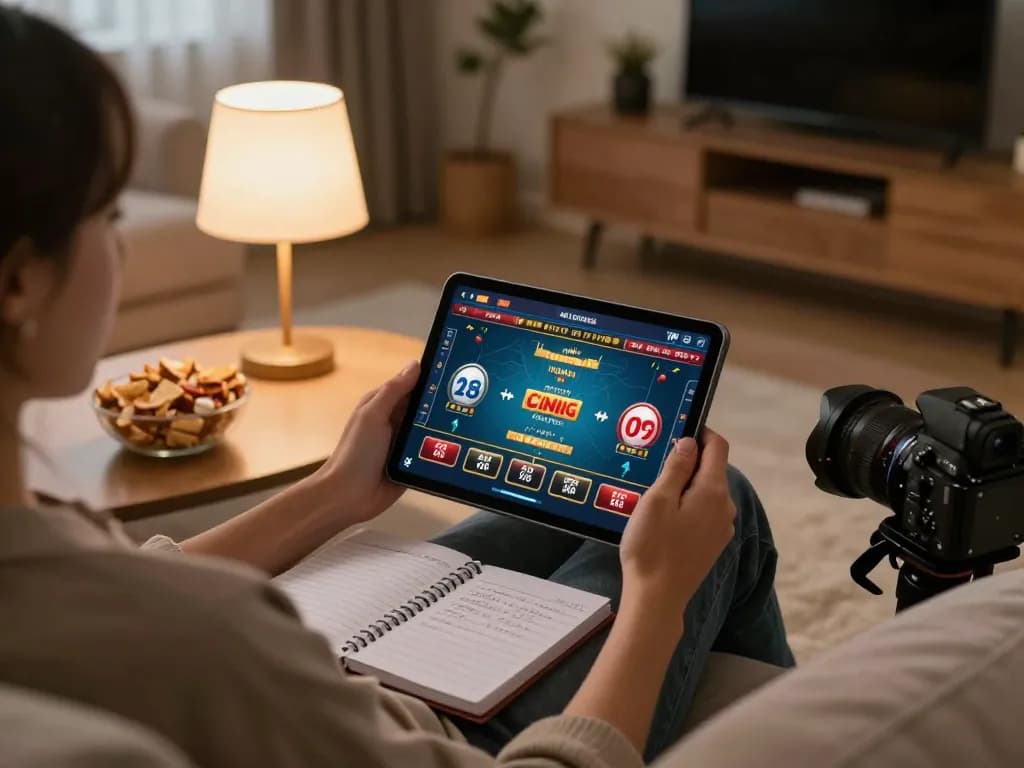 Player enjoying sun win online gaming experience on a tablet, surrounded by strategic notes and cozy living room ambiance.