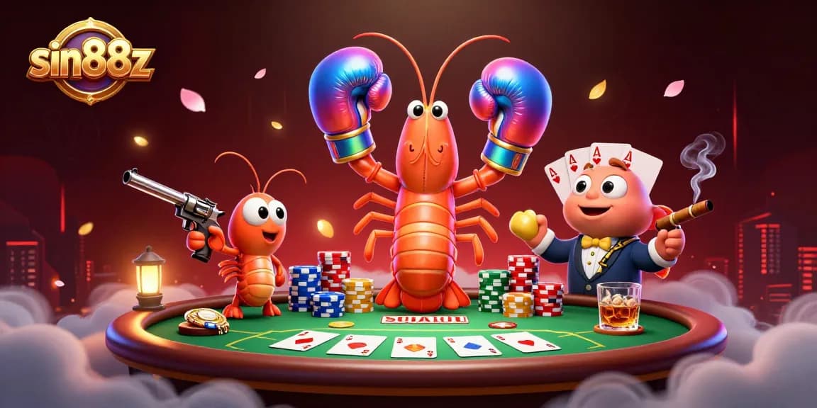 Engaging scene featuring sin88z with a mantis shrimp, poker elements, and vibrant casino action.