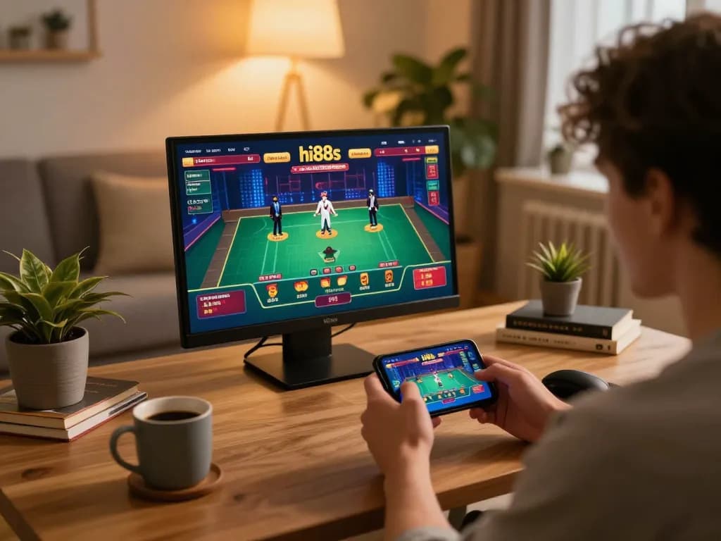 Player using hs88s app on smartphone enjoying a live dealer game in a cozy home setting.