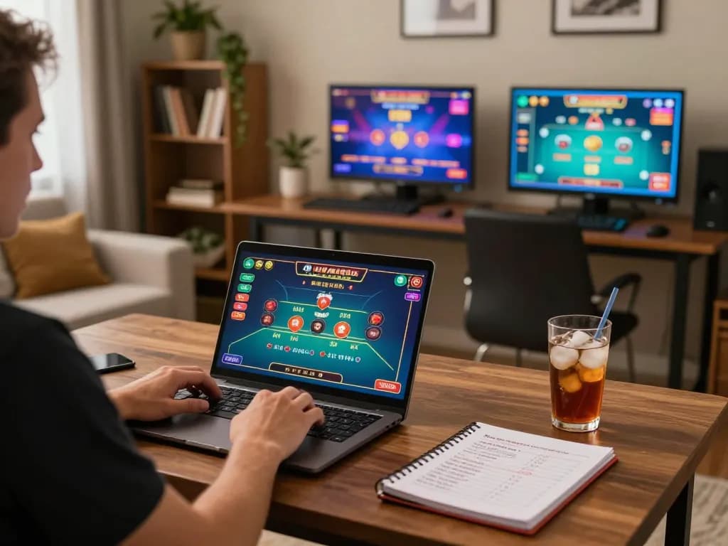 Engaging with live dealer games online at https://www.dacsandatphanrang.com/ in a cozy home setting, showcasing vibrant gaming atmosphere.