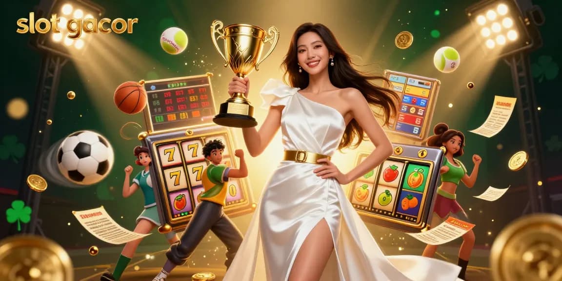 Spin to win with slot gacor, featuring a victorious champion holding a trophy.