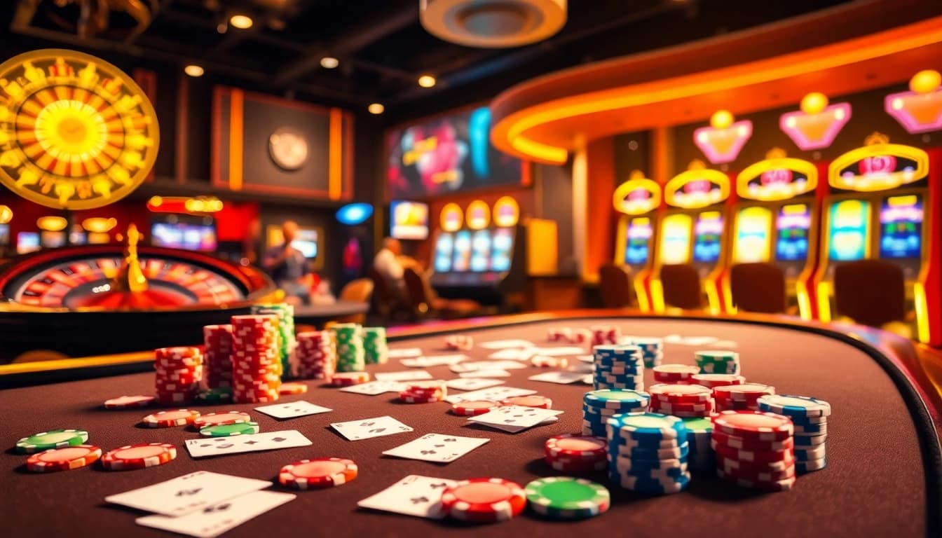 LUCK8 players enjoying exciting gaming experiences at a vibrant casino table with poker chips and cards.