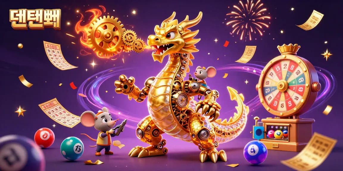 Engage with 텐텐벳 at a vibrant 3D casino scene showcasing a golden dragon and exciting game elements.
