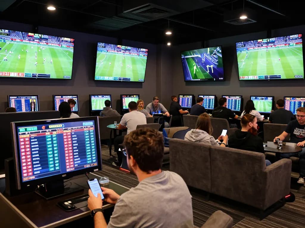 Engaging scene of sports bettors analyzing kèo nhà cái odds in a lively lounge setting