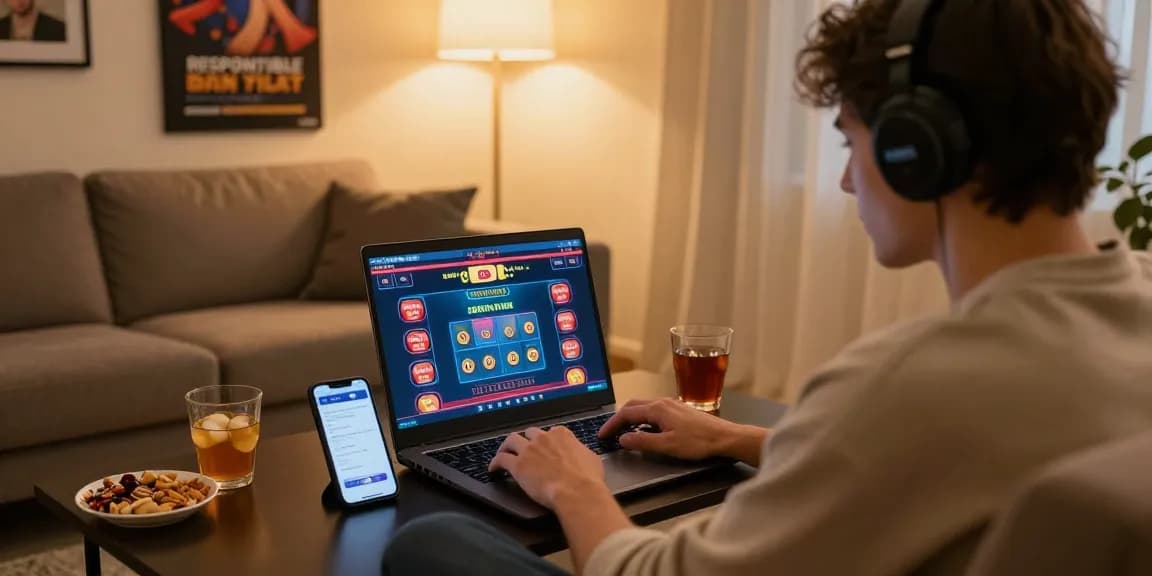 Engaging scene of a player enjoying online credit card casinos from home, using laptop and smartphone with snacks nearby.