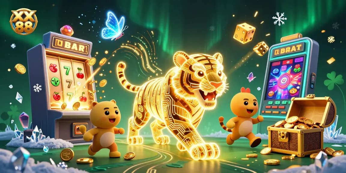Experience the thrill of XX 88 with a vibrant casino scene filled with jackpots, golden tigers, and winning symbols.