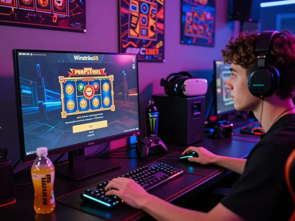 Engaged user navigating Winstrike69 slot games on a dynamic gaming setup.