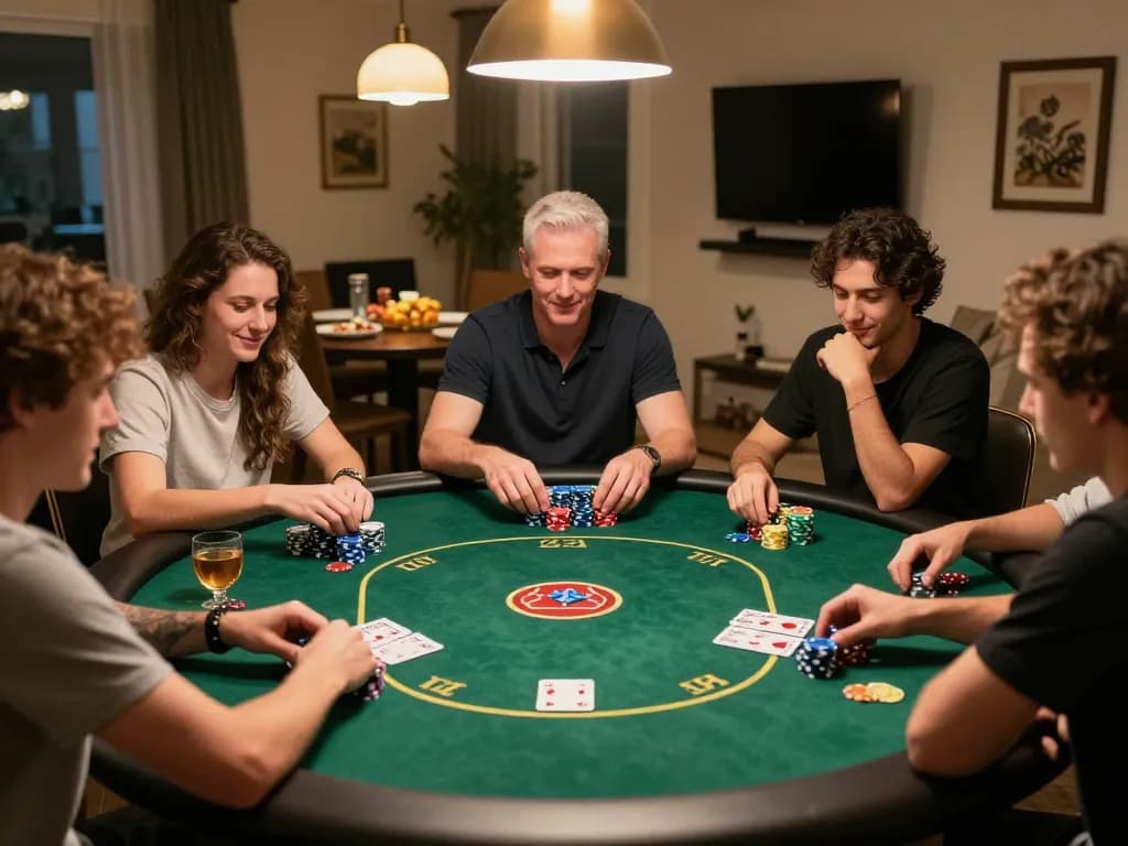 Players enjoying an intense poker night at home, showcasing the engaging atmosphere of to188 and friendly competition.