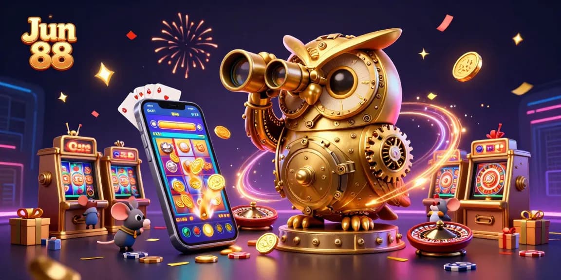 Experience thrilling gaming action at Jun 88's vibrant casino scene with an immersive owl and dynamic elements.