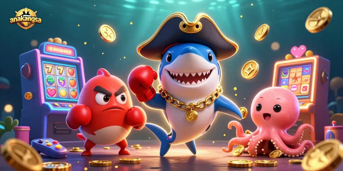 Join the excitement of anakangsa with a vibrant 3D casino-themed illustration showcasing colorful slot machines and cartoon characters.