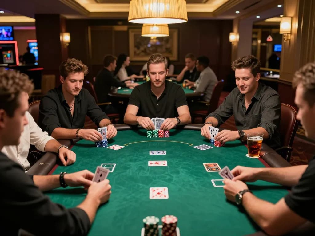 Players immersed in an exciting poker game at the casino, showcasing jagoan86 strategies with high-stakes cards and chips.