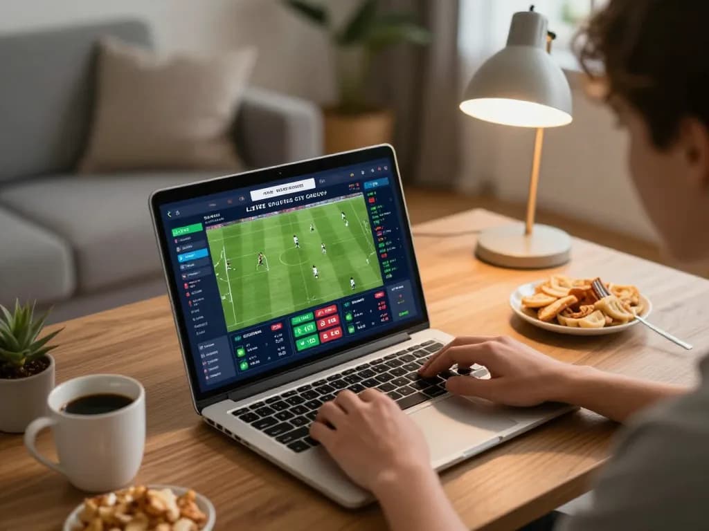 Soi Kèo sports betting experience from home with live odds on a laptop screen.