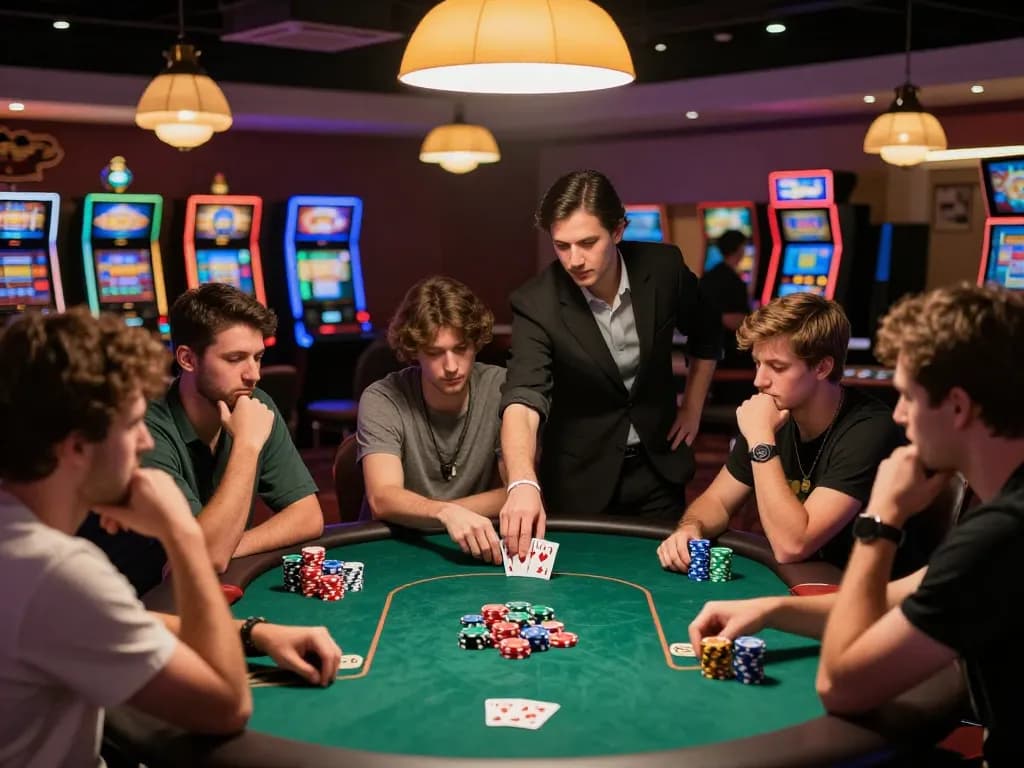 Go88 players strategizing in an intense poker game at a vibrant casino.