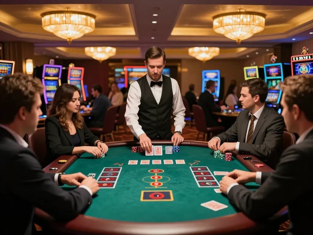 RIKVIP players engaged in a strategic Baccarat game, ambiance highlighting luxury and excitement