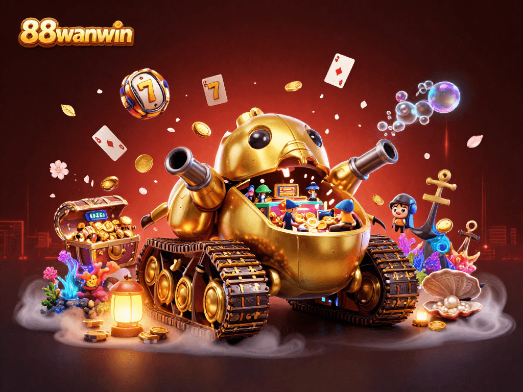 Experience the excitement of 88wanwin’s miniature casino in a golden beetle tank with vibrant slot elements.