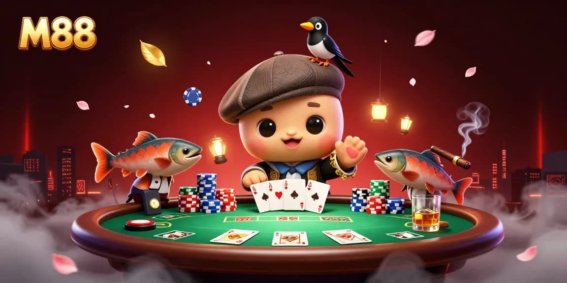 M88 engaging in thrilling poker play at a vibrant 3D casino scene filled with fun and colorful elements.