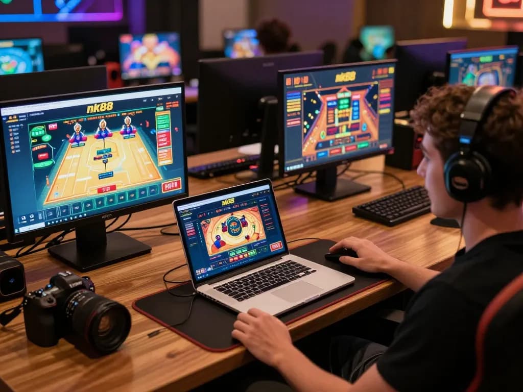 Engaging with nk88 casino games on a stylish online gaming setup featuring laptops and monitors.