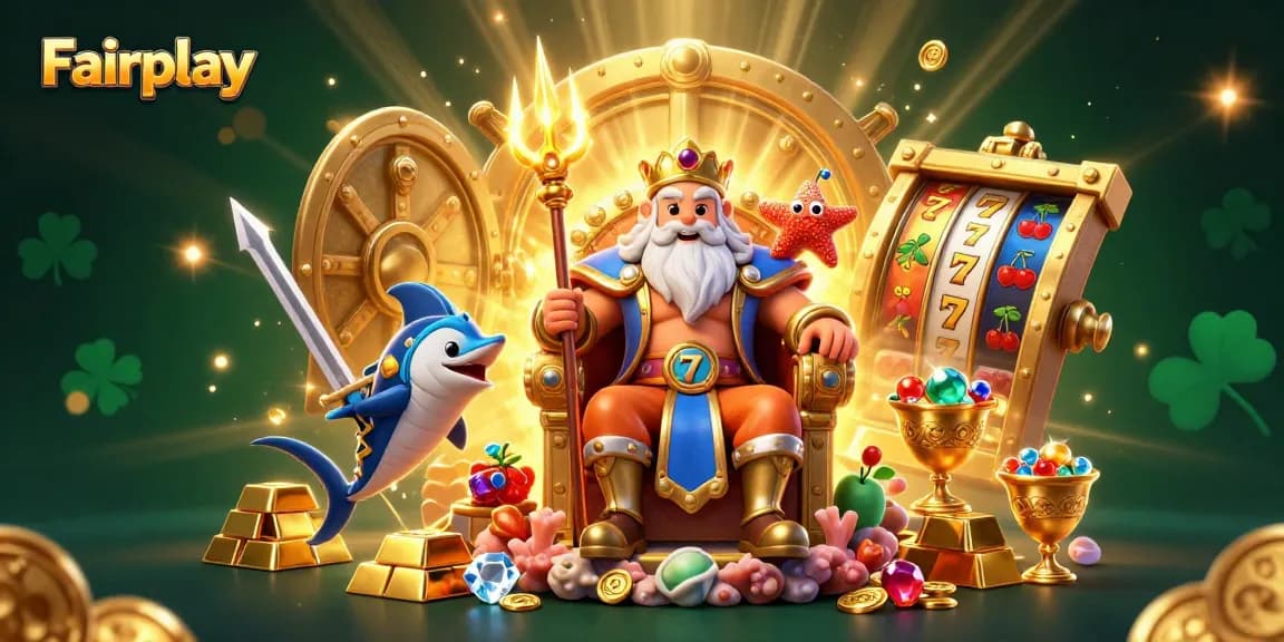 Engage with Fairplay's vibrant casino world, featuring Neptune, treasure, and slot elements in a rich scene.