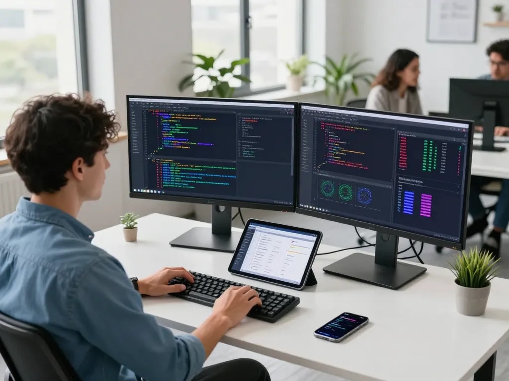 Developer utilizing juicy ai in a modern tech workspace with vibrant coding environment and collaborative atmosphere.