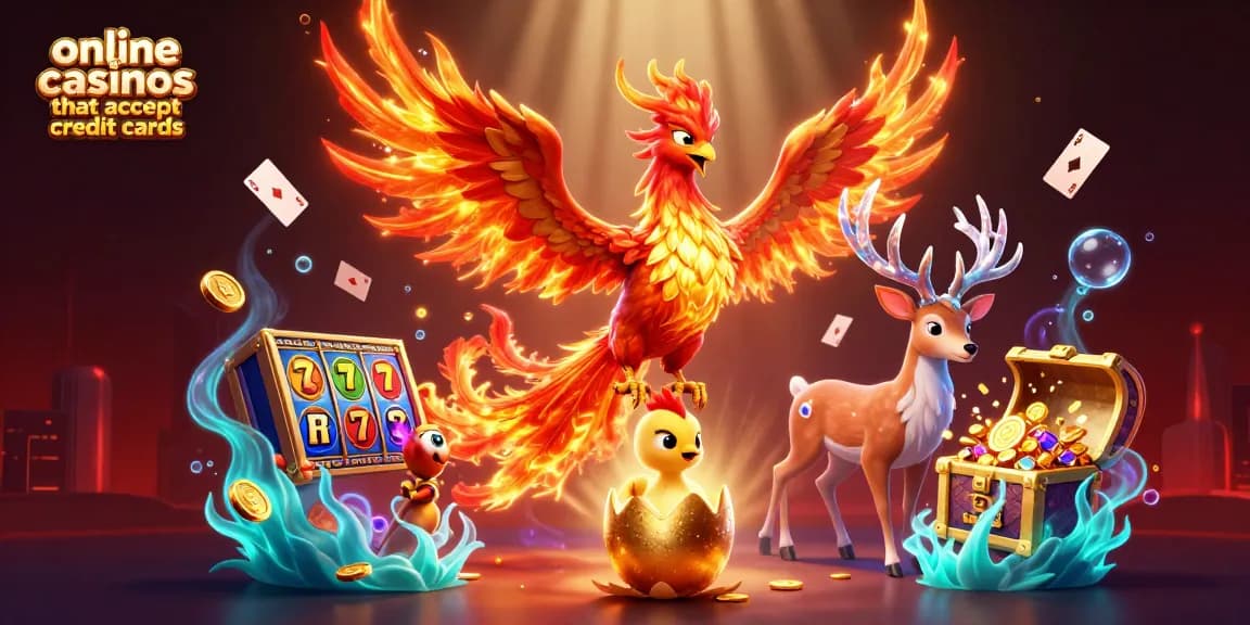 Win big at online casinos that accept credit cards with a vibrant 3D casino scene filled with dynamic game elements.