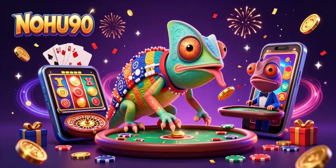 Experience exciting gameplay at NOHU90 with vibrant slots and poker action, featuring a colorful casino scene.