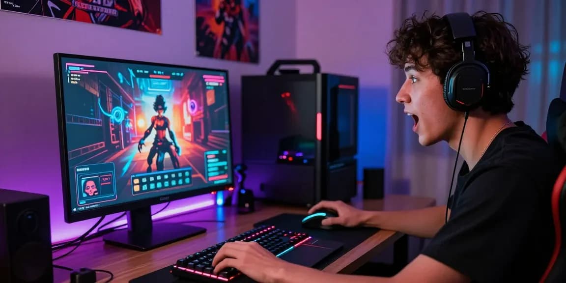 Experienced gamer immersed in mind control porn gameplay on a stylish laptop, vibrant game visuals in a cozy gaming setup.