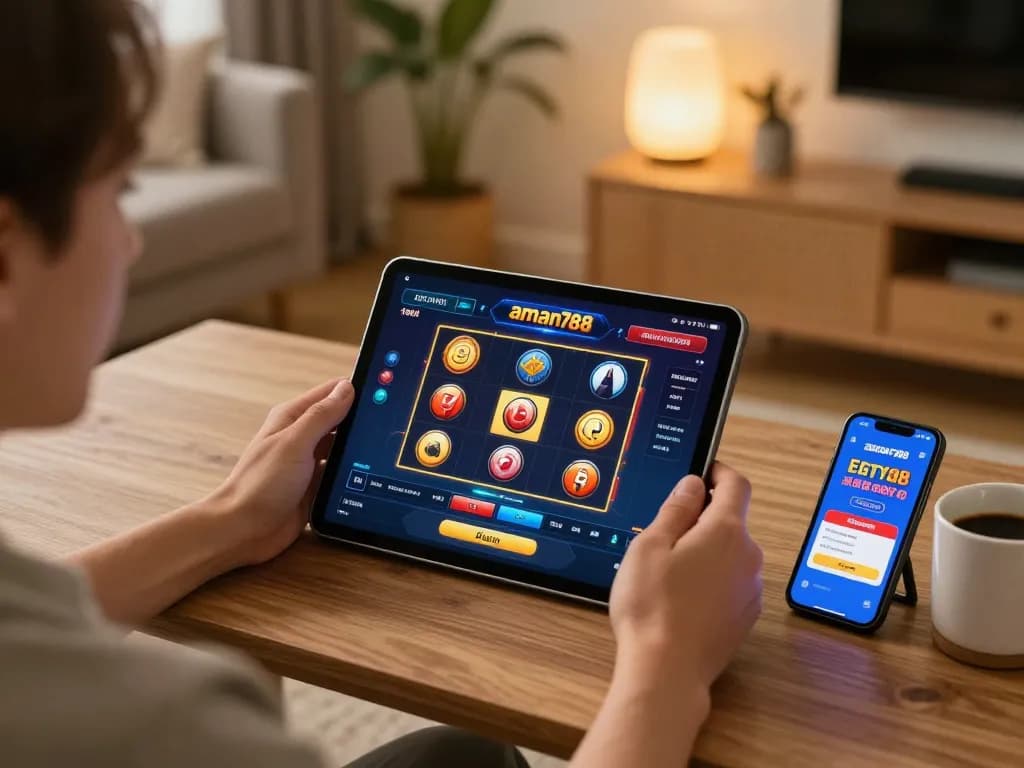 Bergembira dengan permainan slot online aman788 di tablet dalam suasana rumah yang nyaman, menunjukkan permainan yang bertanggung jawab