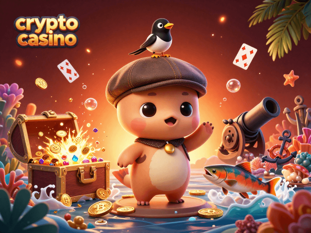 Experience the excitement of a crypto casino with cartoon characters and gold coins!