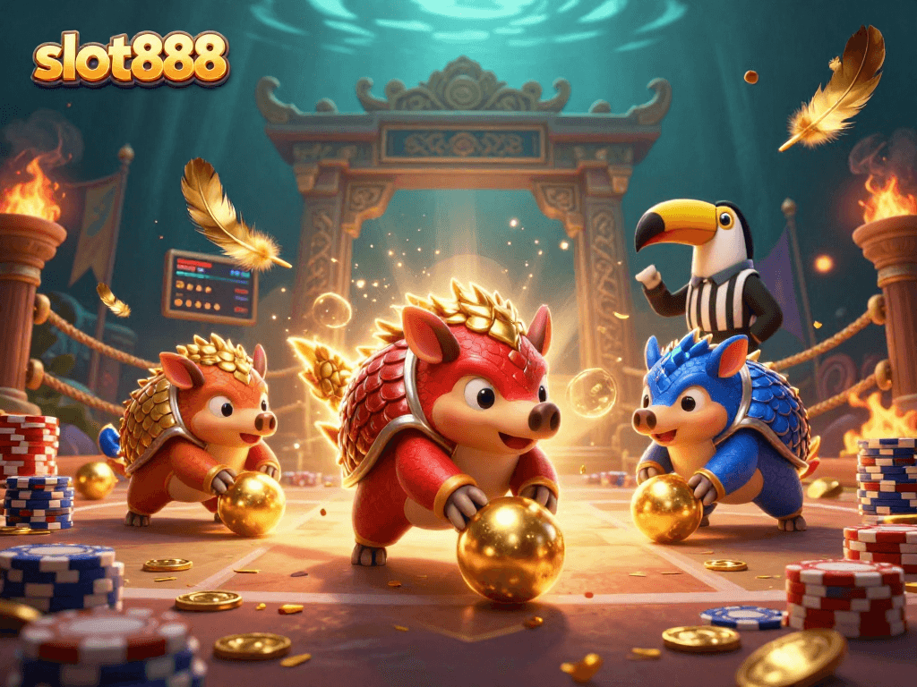 Memenangkan slot888 dengan pangolins bersaing dan koin emas di arena kasino