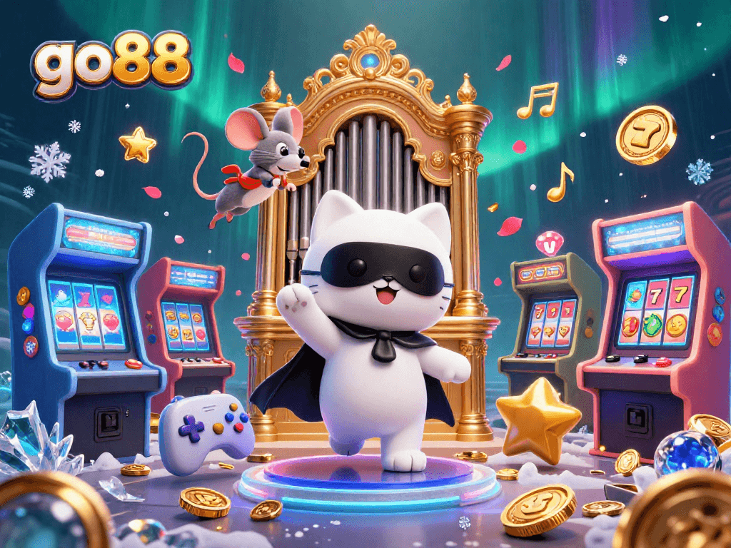 Join the thrilling action with go88's lively casino scene, featuring animated characters and vibrant slot game elements.