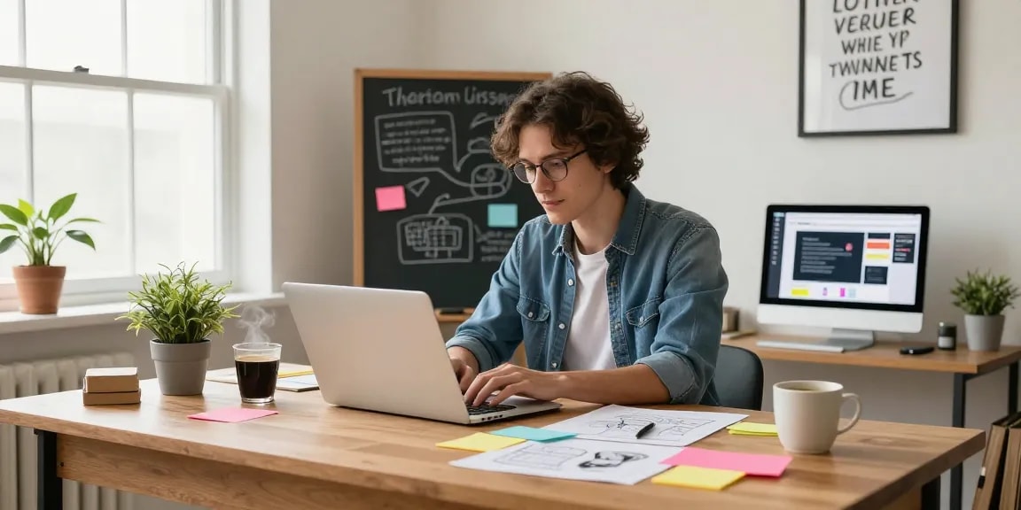 Ruang kerja kreatif individu dengan laptop dan catatan di meja, menunjukkan proses kerja dalam konteks halte4d.