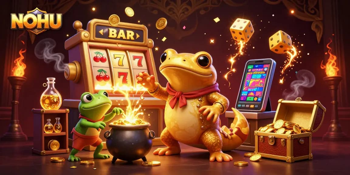 Experience winning at NOHU with a dynamic 3D illustration showcasing a golden alchemist in a lively casino scene.