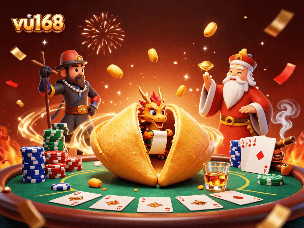 Engage with the vibrant casino scene at vu168 featuring a golden fortune cookie and dynamic gaming elements.