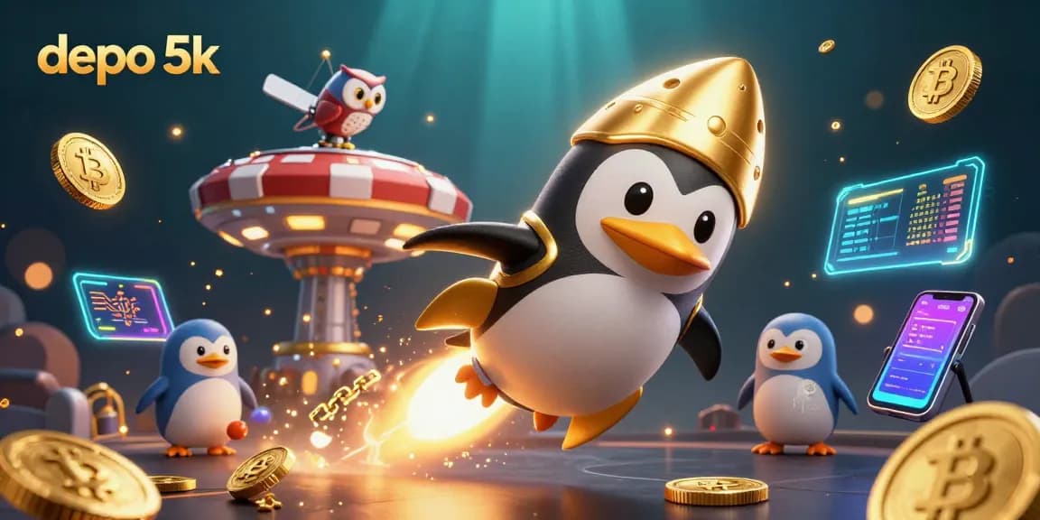 Mainkan depo 5k dengan simbol slot dan koin emas dalam ilustrasi digital menarik.