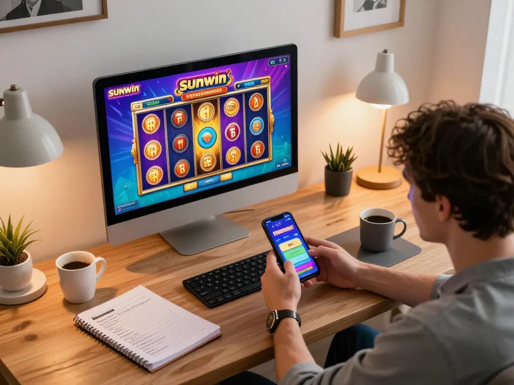 Player interacting with Sunwin mobile app, enjoying slot games in a cozy home setting