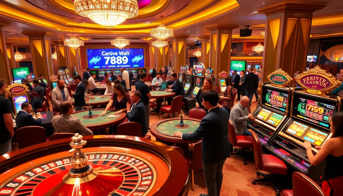 Visual depiction of casino excitement at 789win with players at tables and slot machines.