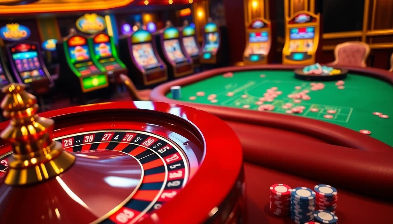 Experience the excitement of gambling at TRANG CHỦ FEBET, featuring vibrant slot machines and roulette tables.