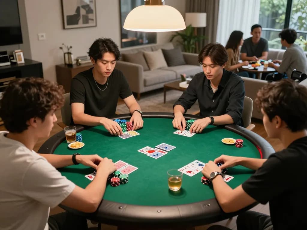 Pemain yang terlibat sedang merencanakan dengan kartu mereka dalam permainan poker ombak77, menciptakan suasana rumah yang hidup.