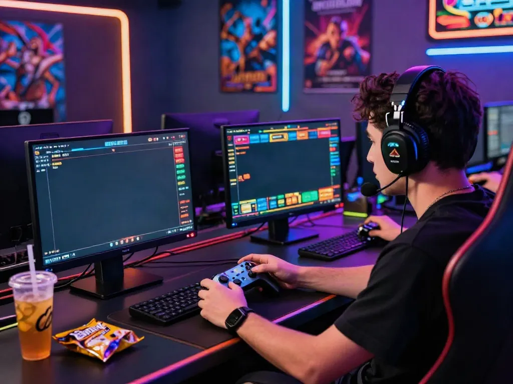 Player enjoying an exciting gaming session at https://xx88.day/ with vibrant lighting and dual monitors.