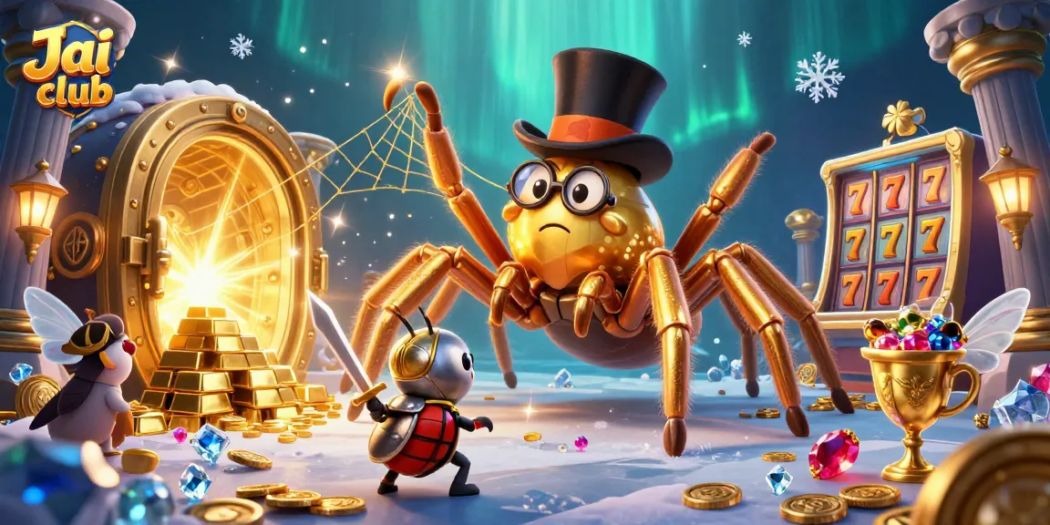 Engage with exciting casino action in Jai club's vibrant 3D illustration featuring treasure and games.