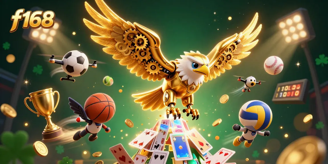 Experience excitement with f168's dynamic casino illustration featuring a golden eagle surrounded by games.