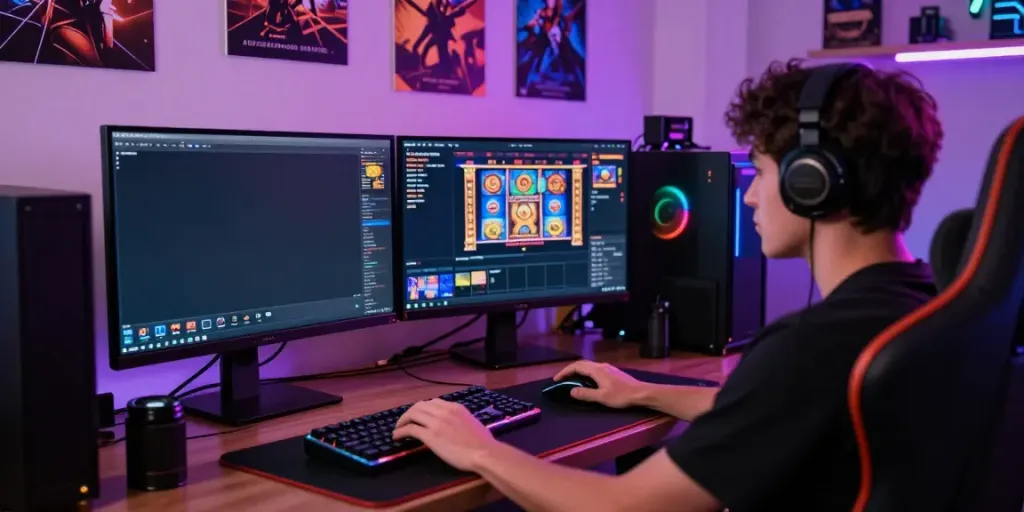 Akunjp online gaming setup showcasing vibrant slot graphics and interactive play.
