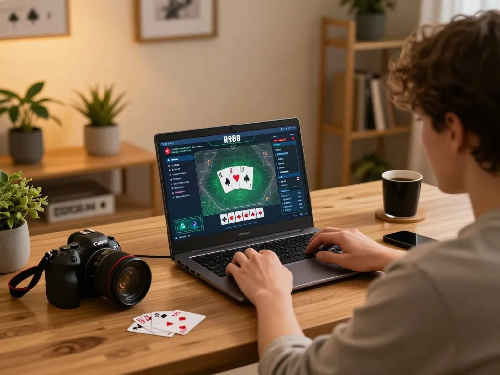Engaging online gaming moment on RR88 with laptop showing poker interface, cozy home setup.