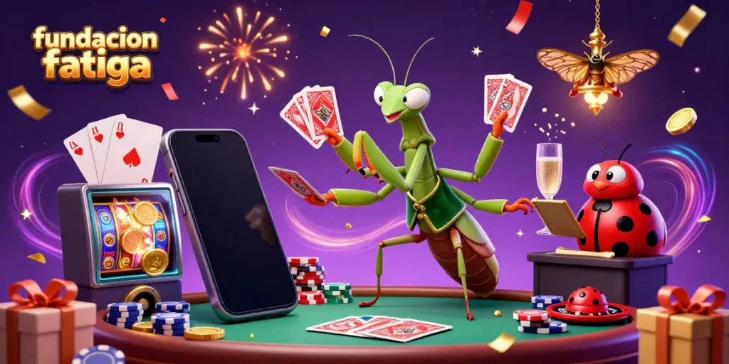 Fundacionfatiga showcases an engaging casino scene with a mantis dealer and ladybug pit boss in a vibrant atmosphere.